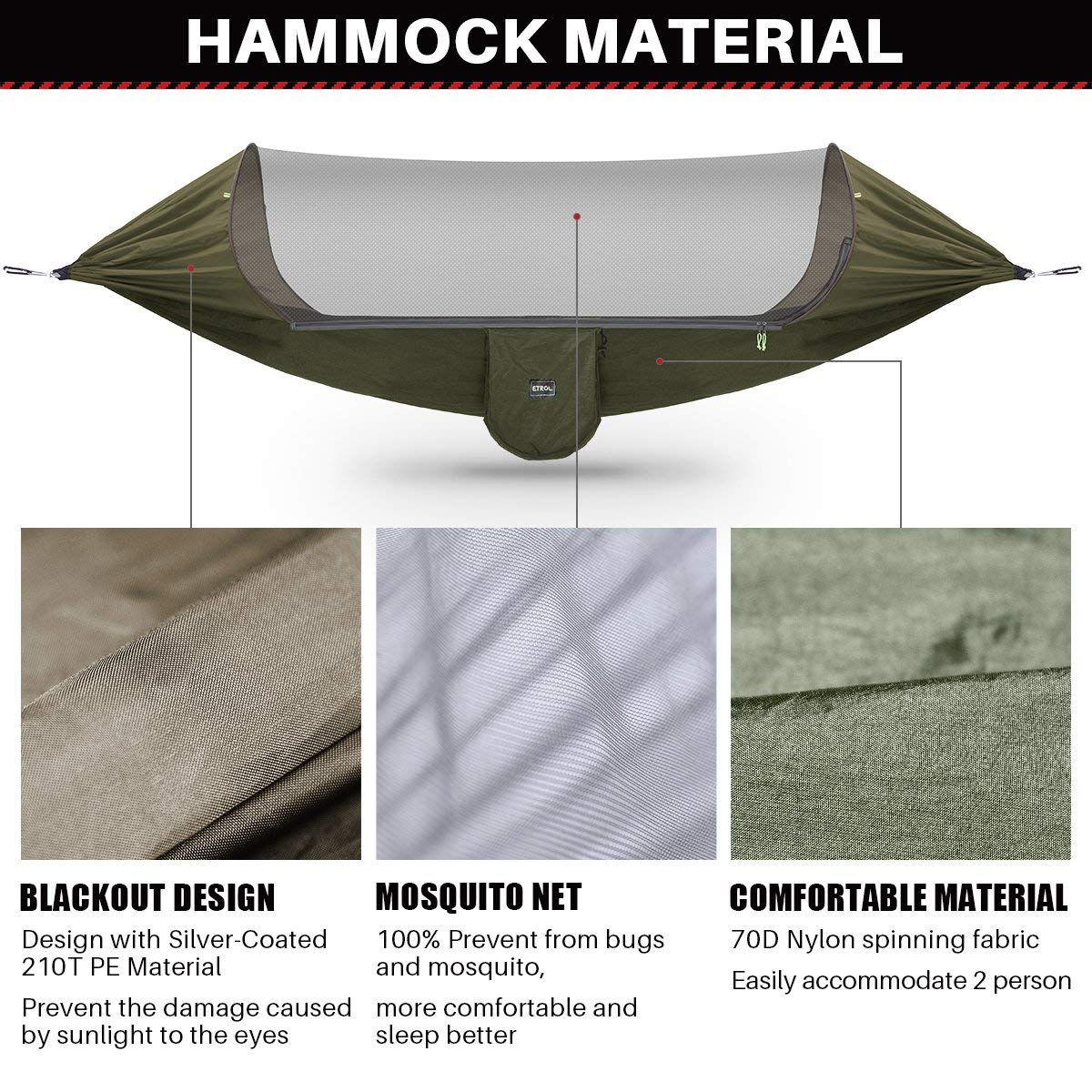 Large Camping Hammock with Mosquito Net & Tree Straps - ETROL
