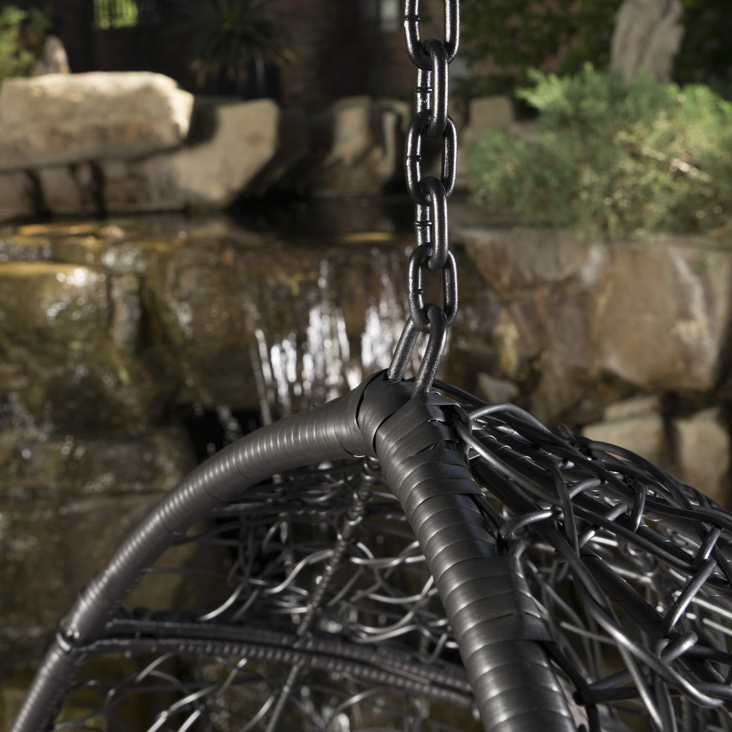 Leasa Outdoor Black Wicker Hanging Basket Chair - GDF Studio