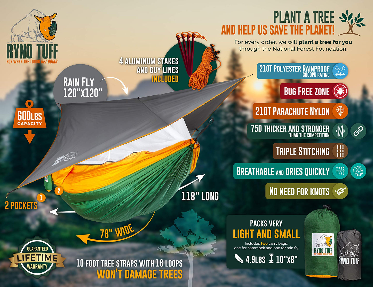 Camping Hammock with Mosquito Net - Ryno Tuff