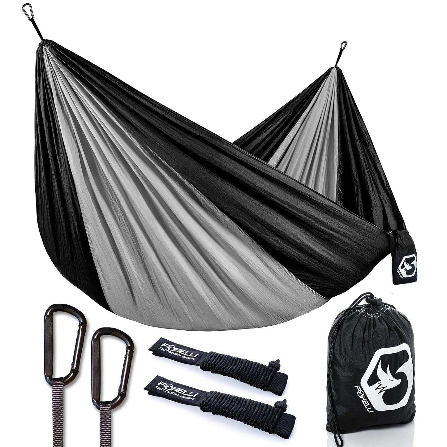 Parachute Nylon Camping Hammock with Tree Ropes & Carabiners - Foxelli