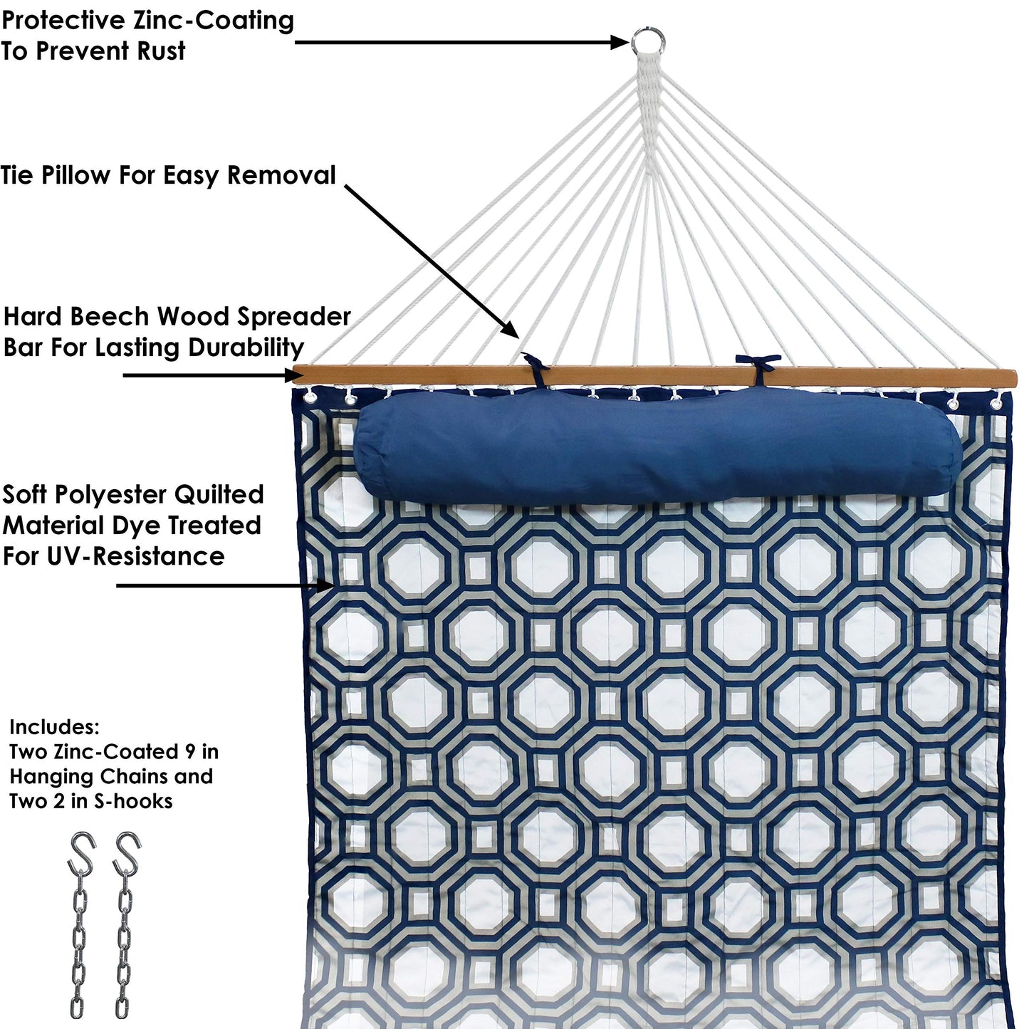Double Quilted Fabric Hammock with Stand and Spreader Bars - Sunnydaze