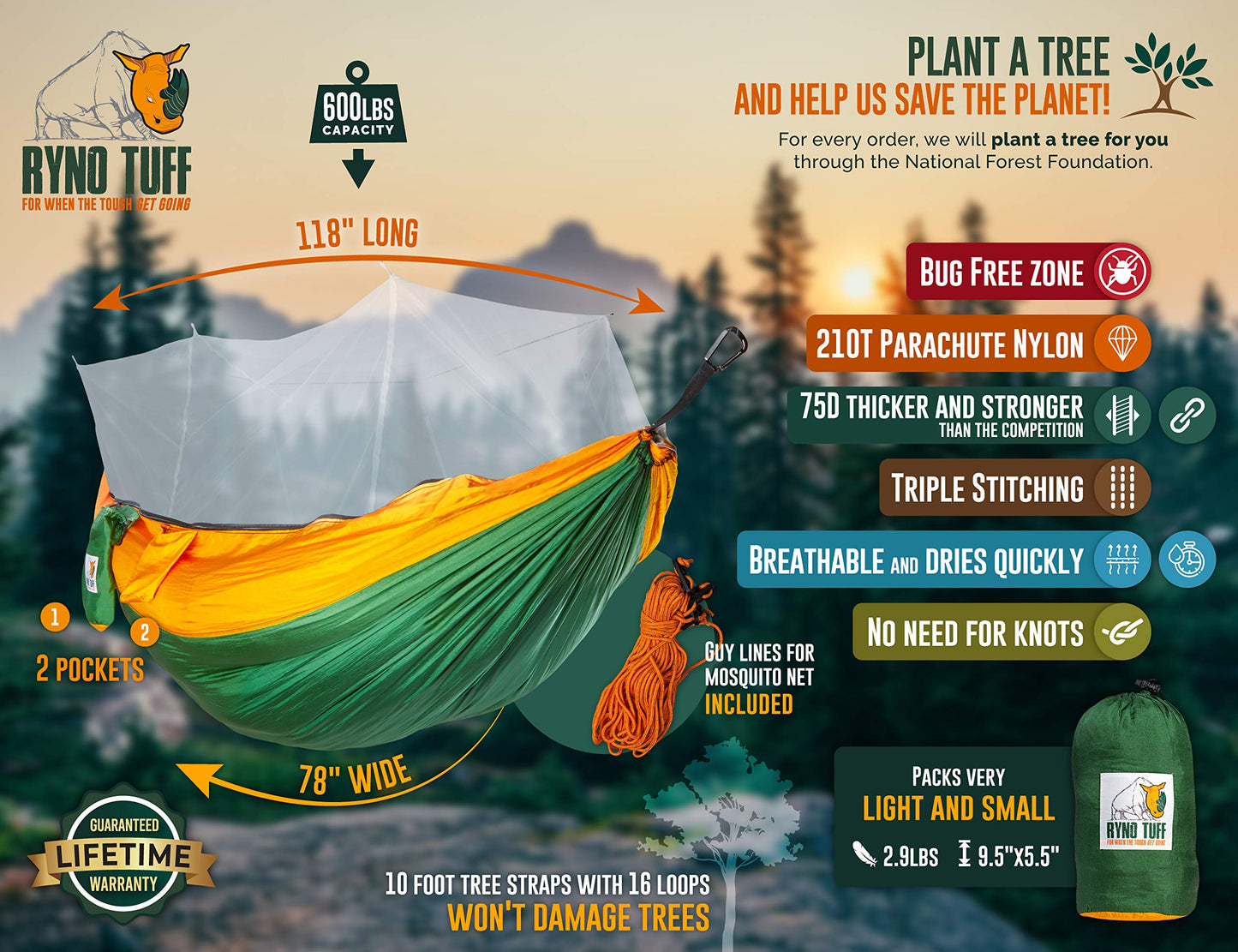 Camping Hammock with Mosquito Net - Ryno Tuff