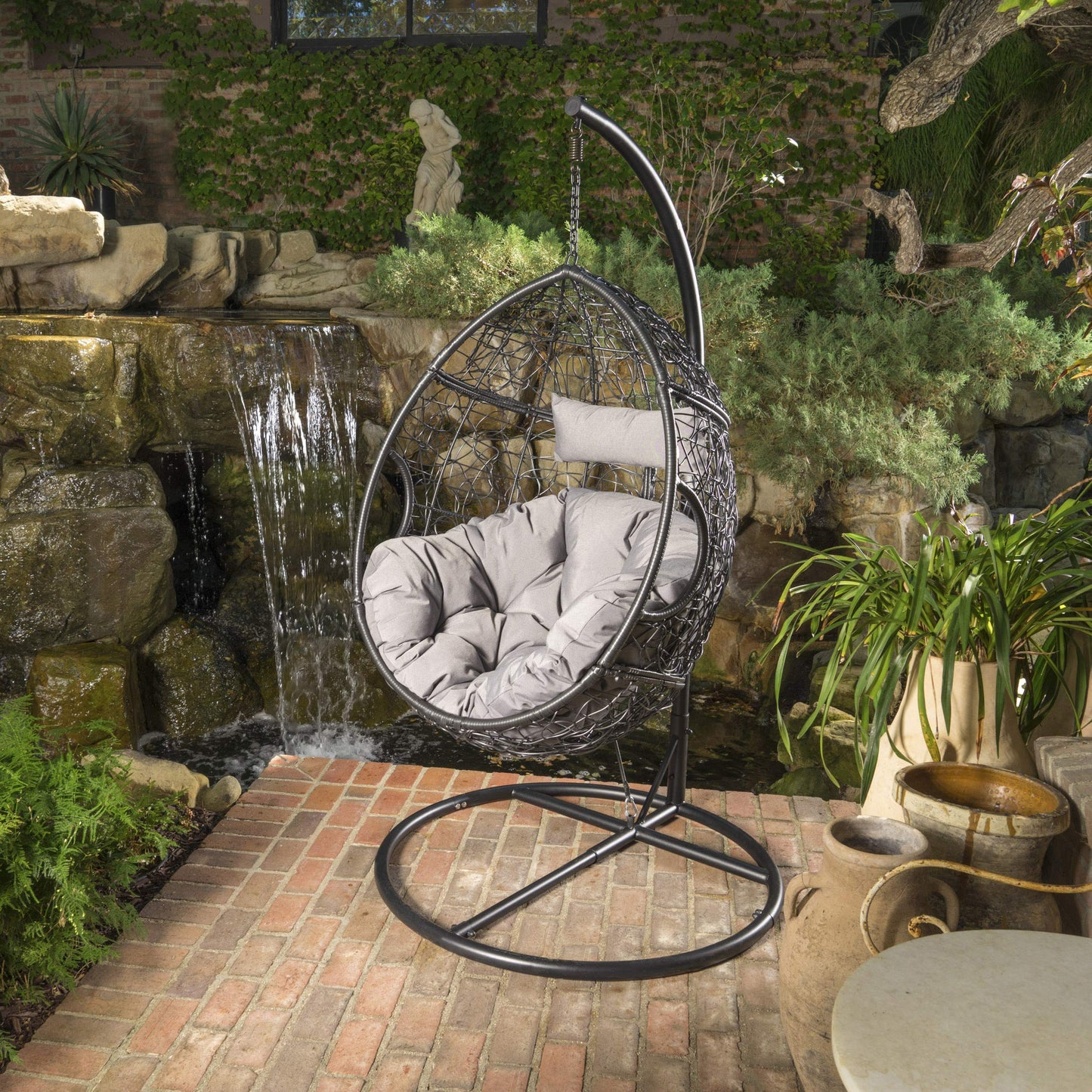 Leasa Outdoor Black Wicker Hanging Basket Chair - GDF Studio
