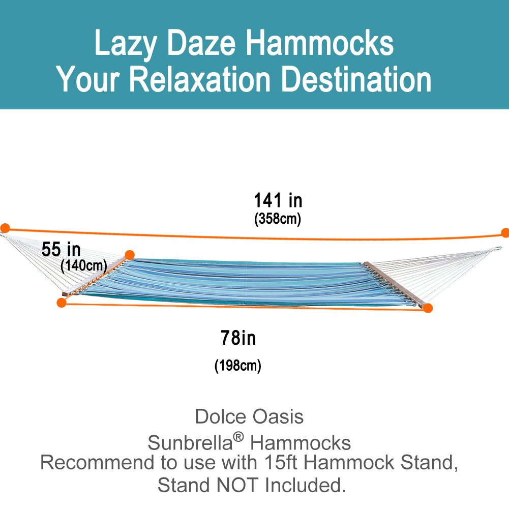 Sunbrella Fabric Double Hammock with Spread Bar and Polyester Rope - Lazy Daze Hammocks