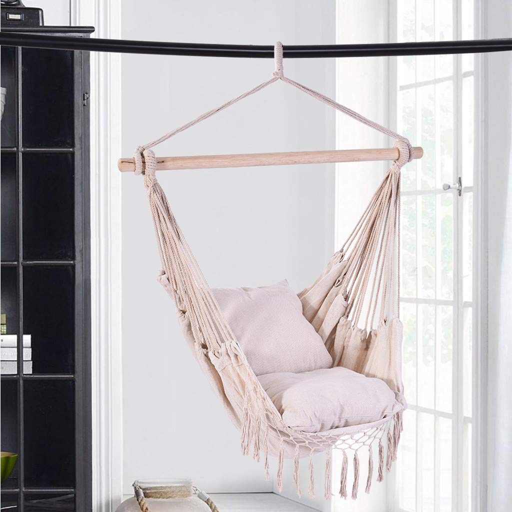 Hanging Hammock Net Swing Chair with Two Cushions