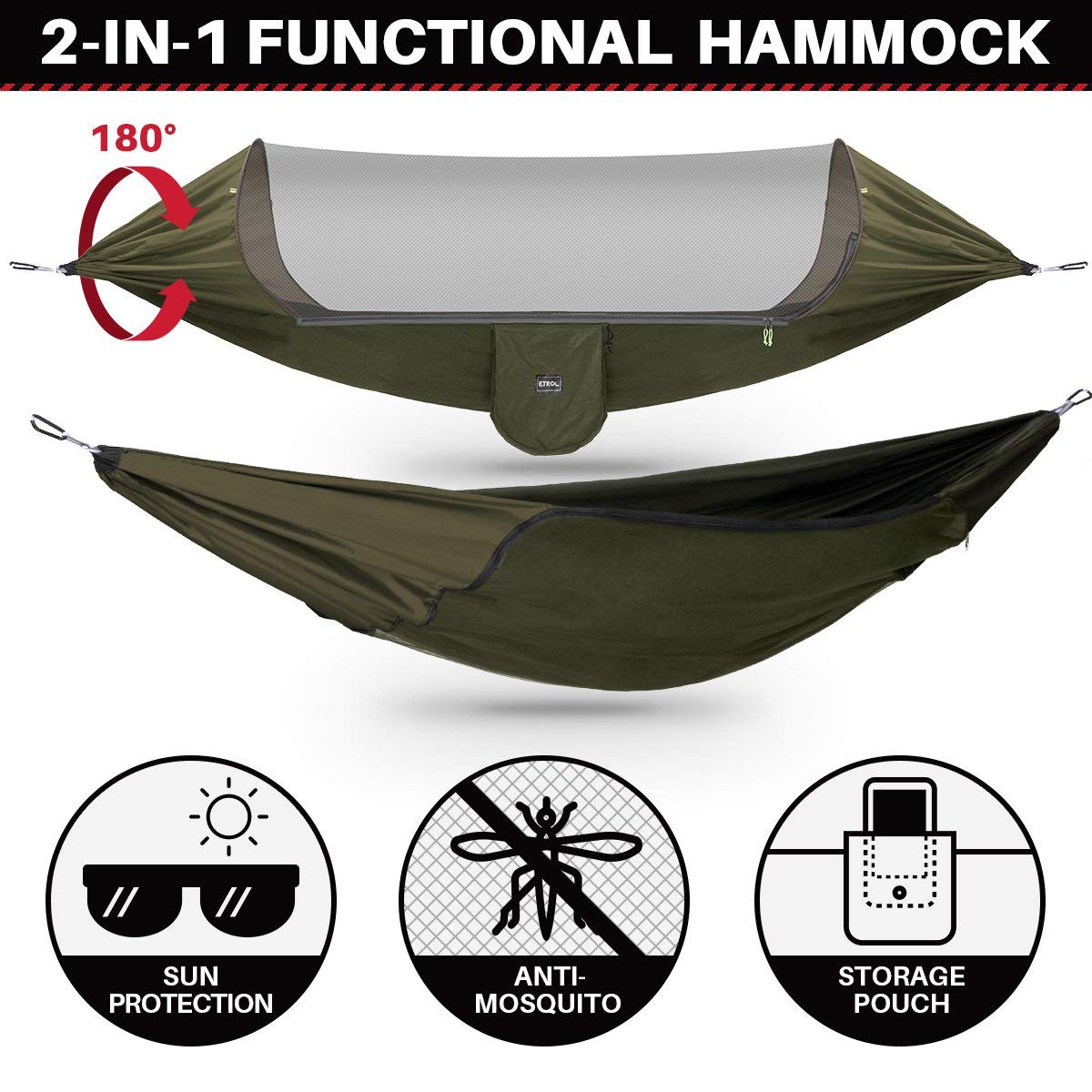 Large Camping Hammock with Mosquito Net & Tree Straps - ETROL