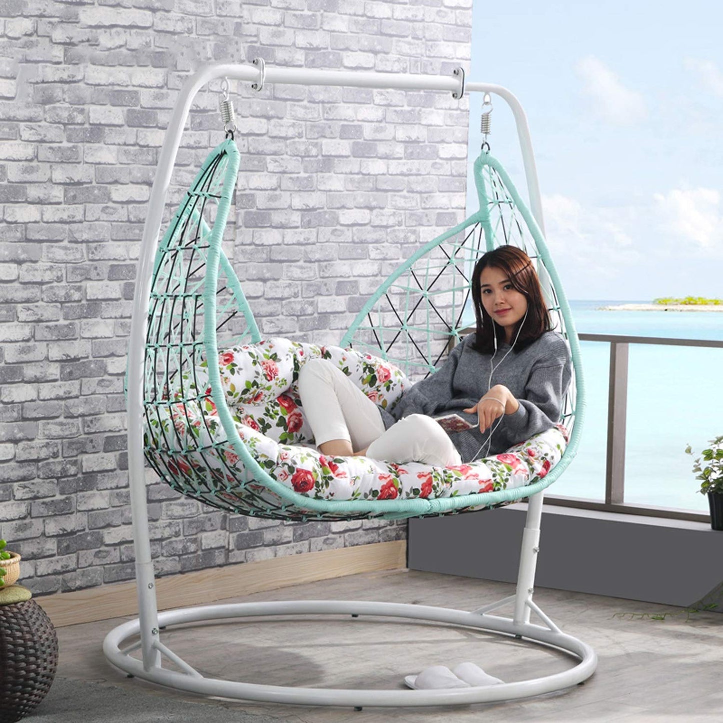2-Person Outdoor Hanging Basket Chair, Home PE Rattan Egg-Shaped Hammock Chair Indoor Balcony Lunch Break Swing Chair to Send Cushion Bearing Weight 250KG