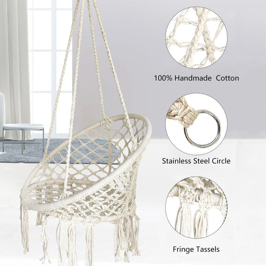 White  Hanging Hammock Chair Macrame Swing - BHORMS