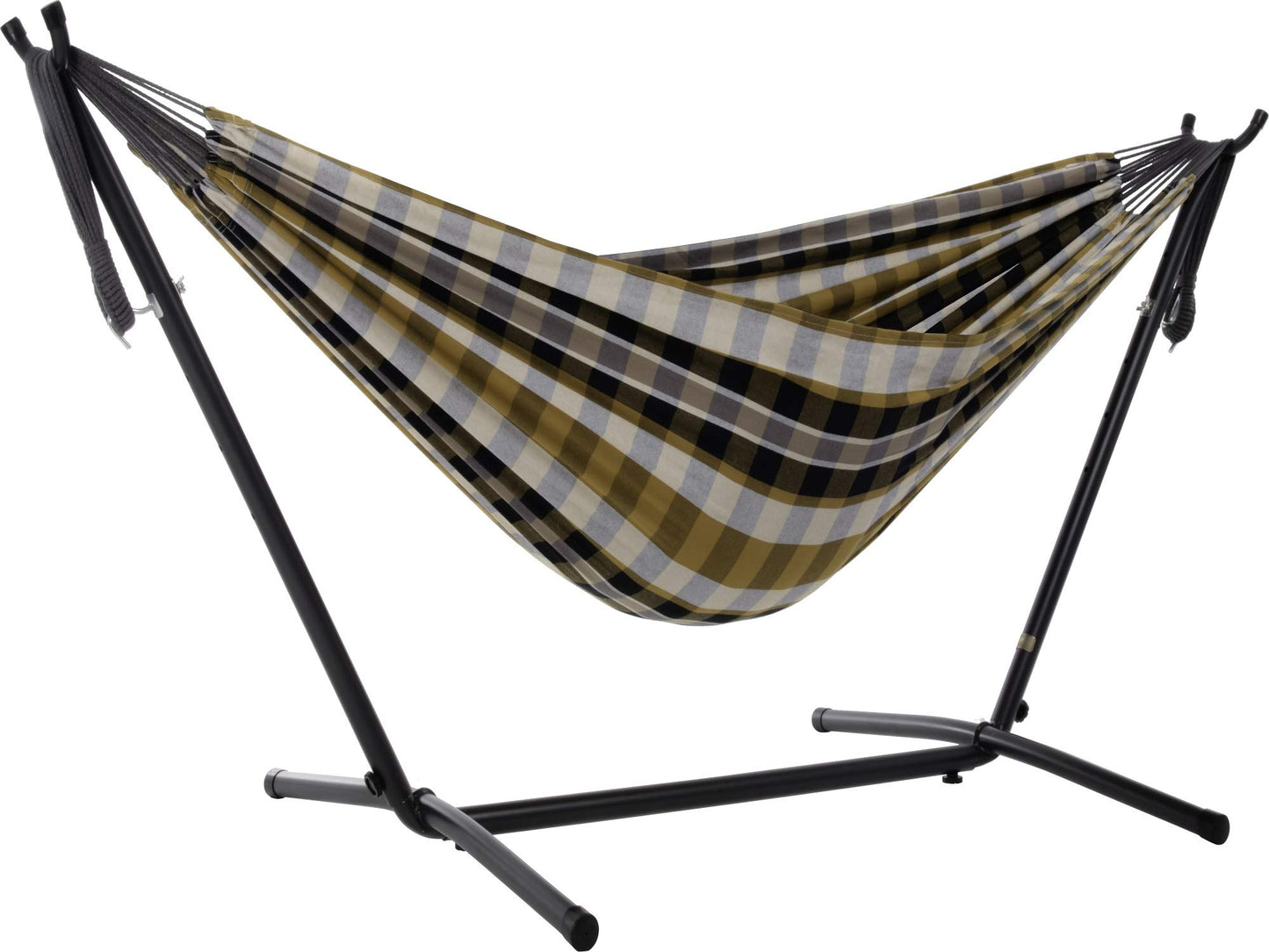 110" Gray & Gold Plaid Brazilian Hammock with Steel Stand - The Hamptons Collection