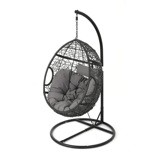 Leasa Outdoor Black Wicker Hanging Basket Chair - GDF Studio