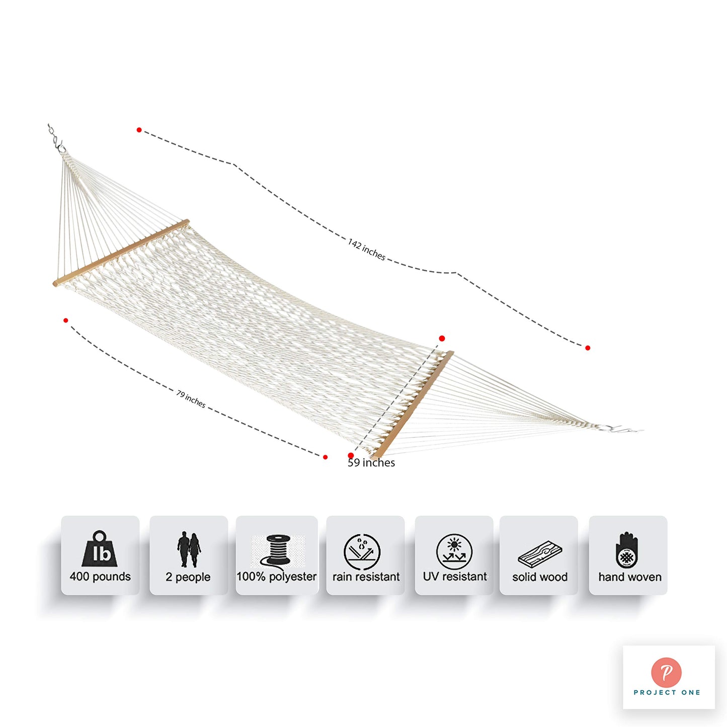 DuraCord Rope Hammock with Double Size Wood Spreader Bar - Project One