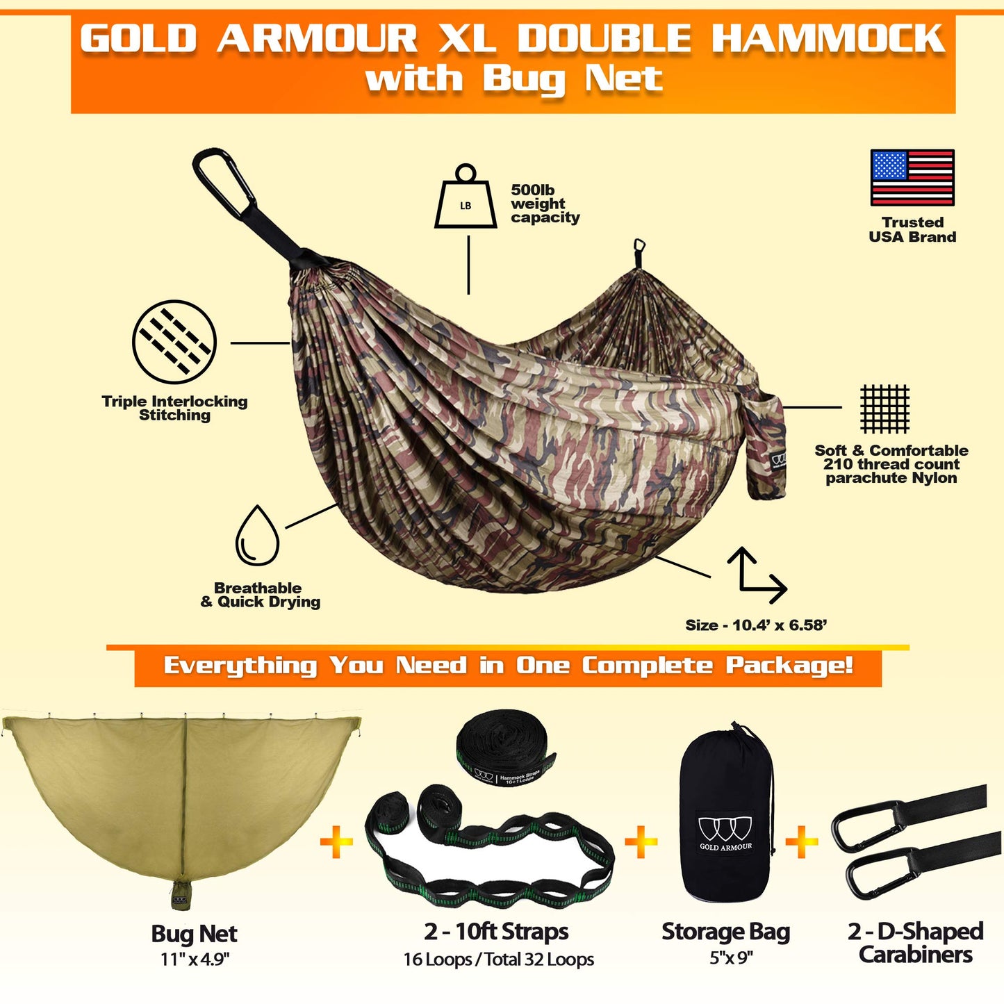 Double Hammock with Bug Net-Gold Armour