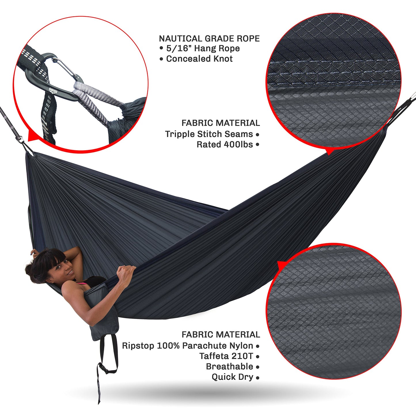 Double Camping Hammock with Carabiners & Tree Saver Straps - Everest