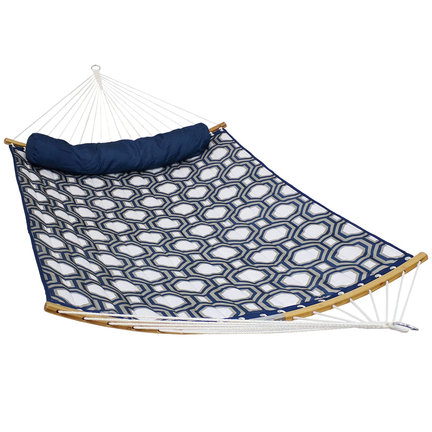 Quilted Double Hammock with 2 Curved Bamboo Spreader Bars - Sunnydaze