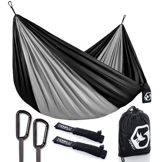 Parachute Nylon Camping Hammock with Tree Ropes & Carabiners - Foxelli
