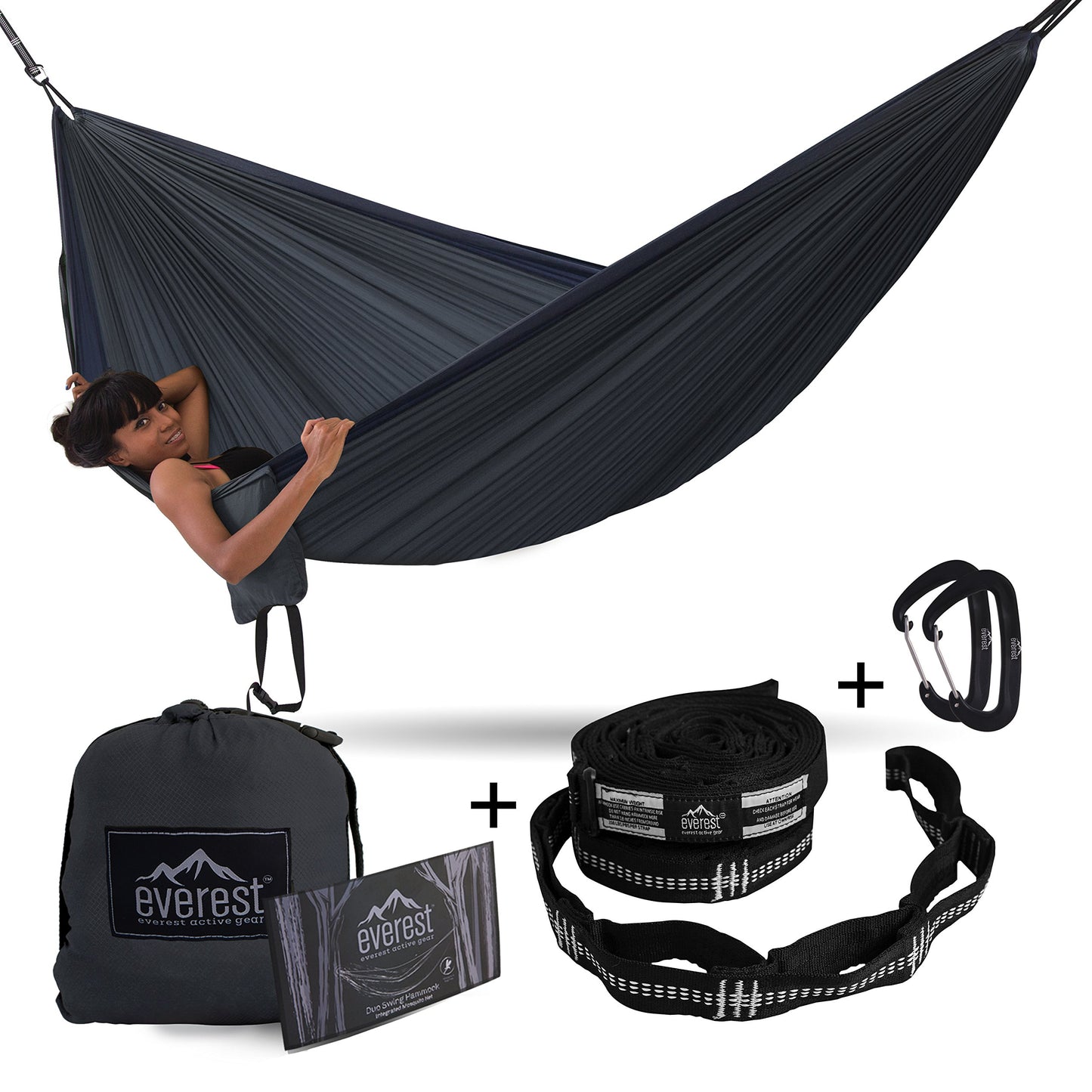 Double Camping Hammock with Carabiners & Tree Saver Straps - Everest