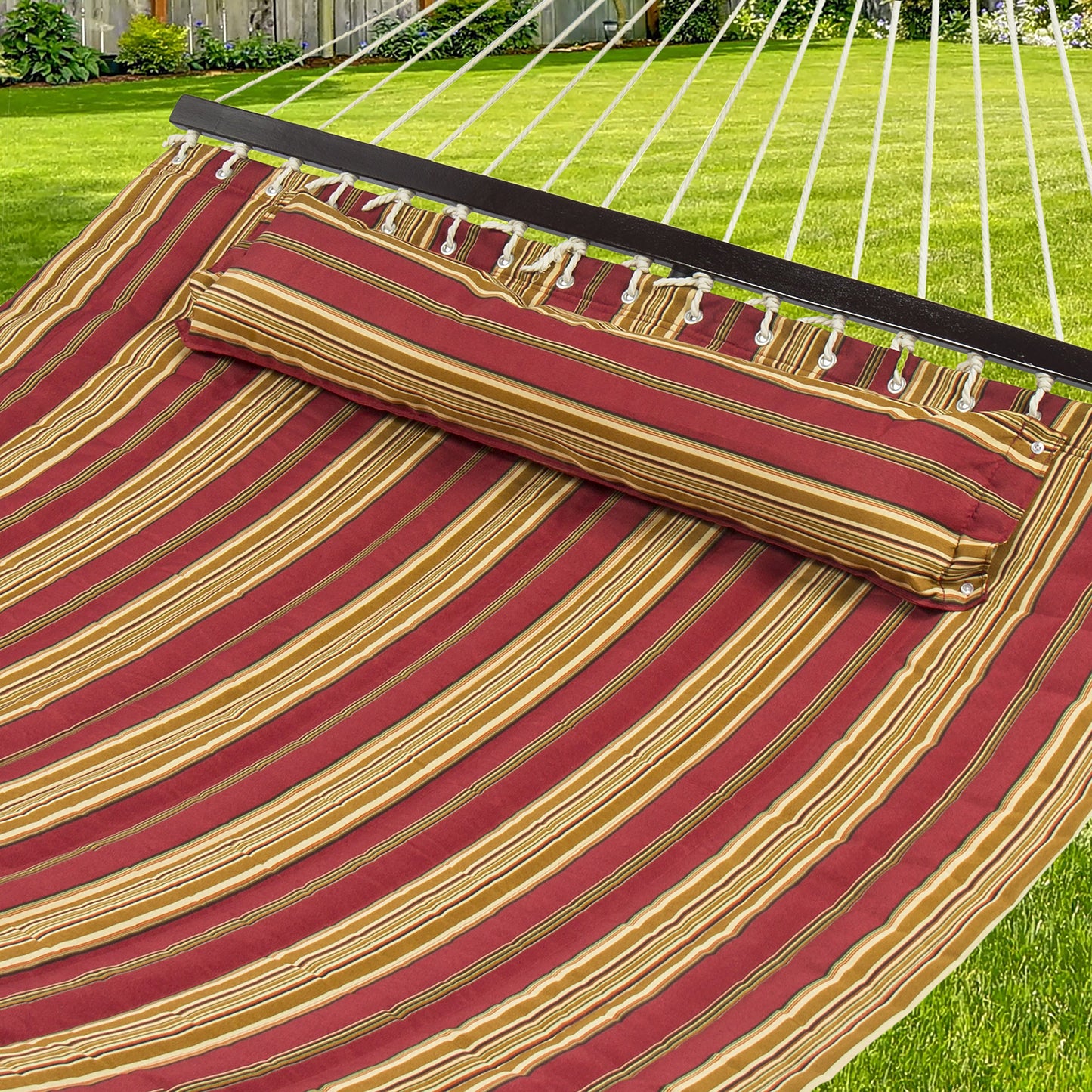 Quilted Double Hammock with Detachable Pillow & Spreader Bar - Best Choice Products