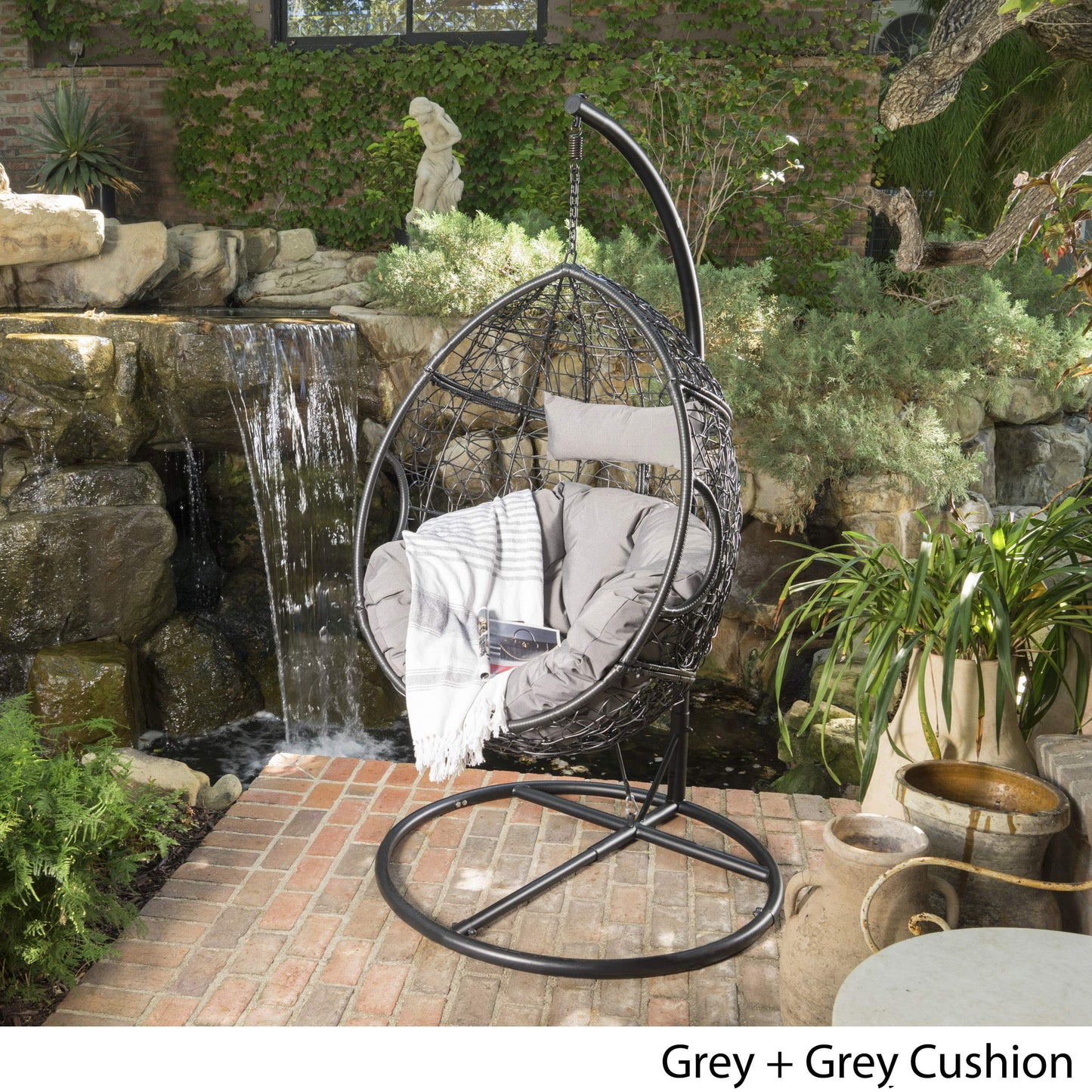 Leasa Outdoor Black Wicker Hanging Basket Chair - GDF Studio